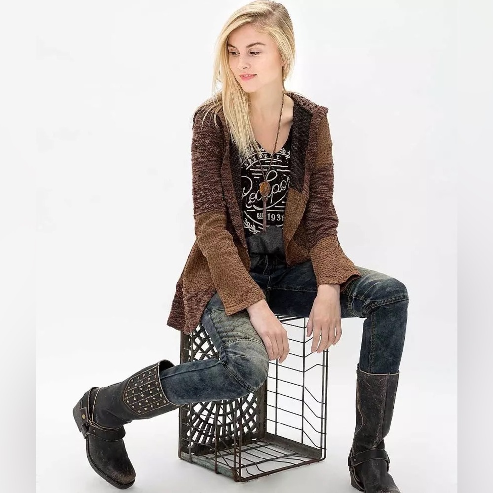 BKE gimmicks pieced open cardigan brown casual boho women's size small